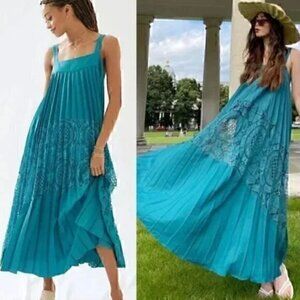 NWT Anthropologie Geisha Designs Turquoise Pleated Lace Maxi Dress Size S